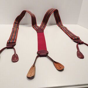 Barrons-Hunter Red Burgundy Navy Blue Striped Ribbon Brace Suspenders Leather